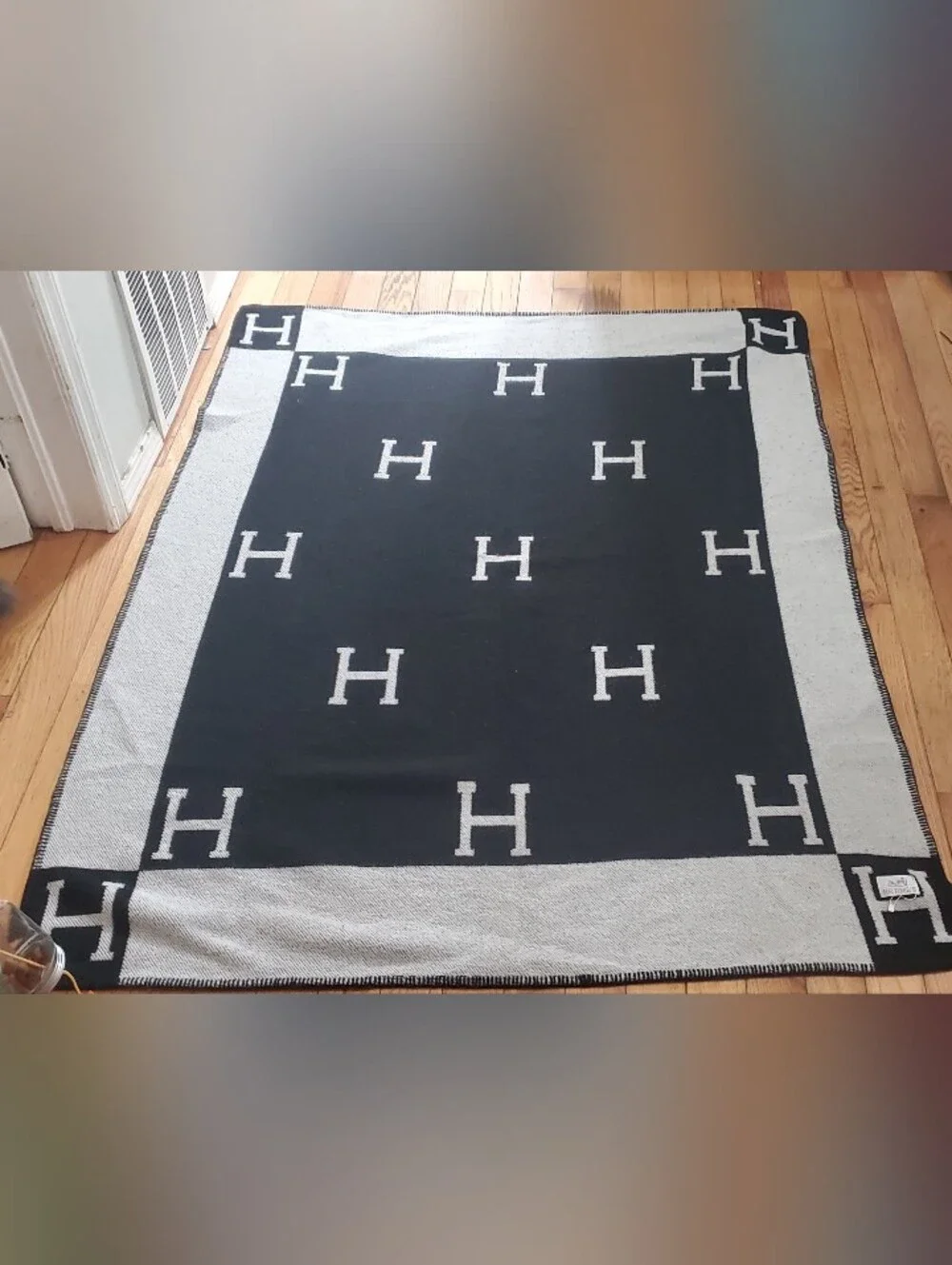 Hermes Avalon III Black and Cream Logo Knit Throw